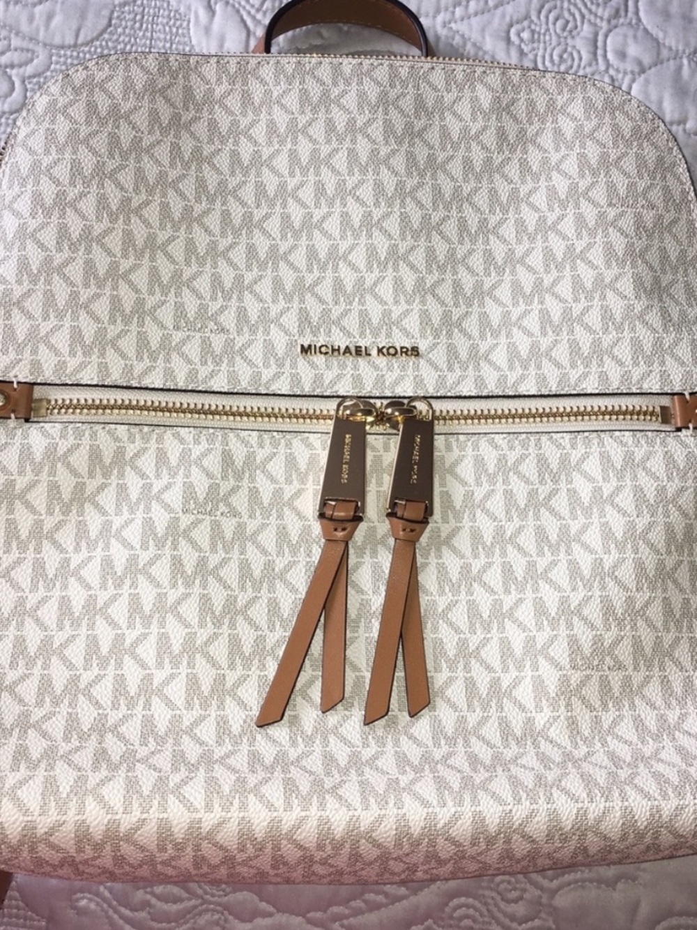 Michael Kors Rhea Zip Medium Backpack Cream and Tan Logo - Picture 5 of 10